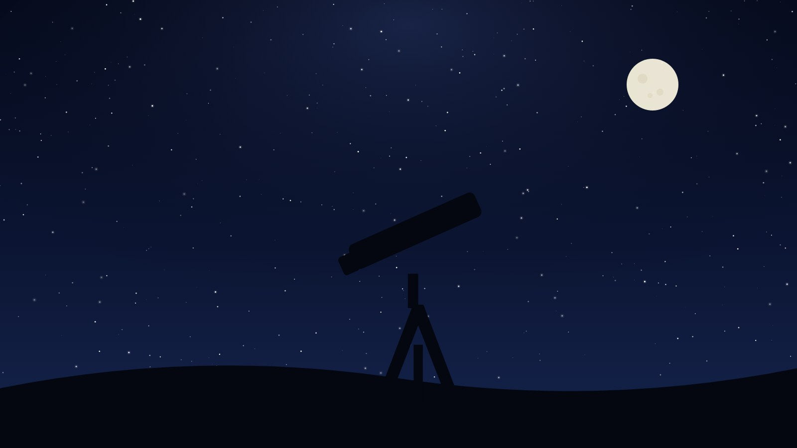 Telescope silhouette under a starry night sky with full moon