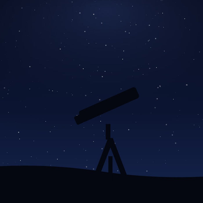 Telescope silhouette under a starry night sky with full moon