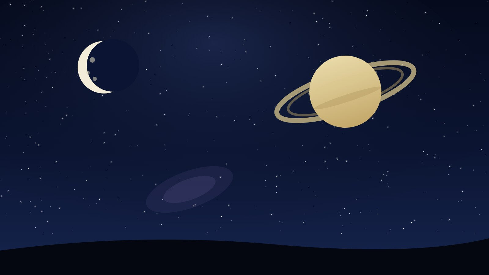 Night sky illustration with Saturn, crescent moon, and a distant galaxy