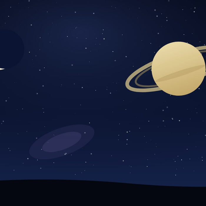 Night sky illustration with Saturn, crescent moon, and a distant galaxy