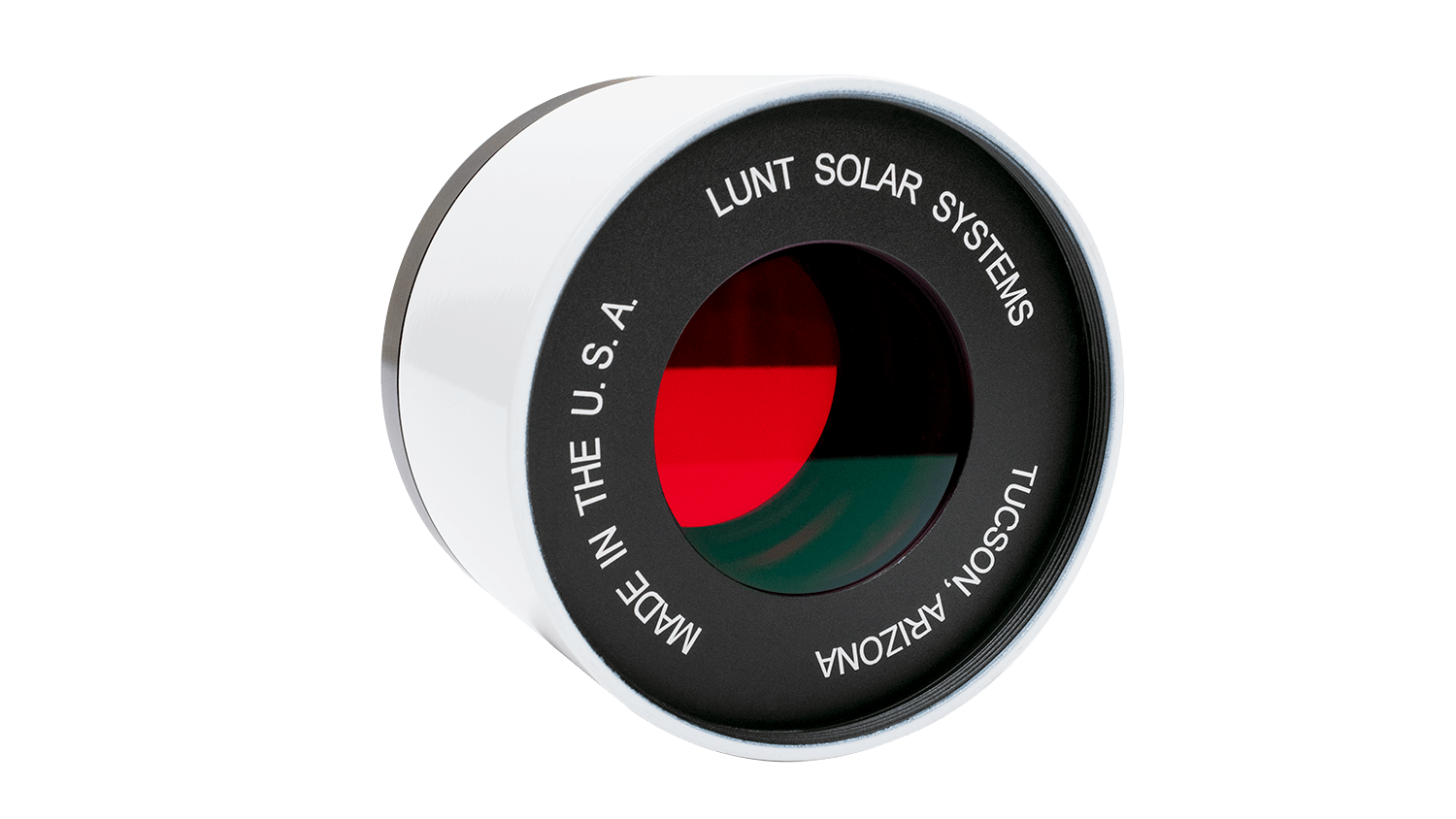Three quarter front view of the Lunt LS50FHa 50mm front mount etalon filter housing