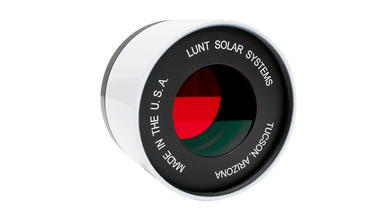 Three quarter front view of the Lunt LS50FHa 50mm front mount etalon filter housing