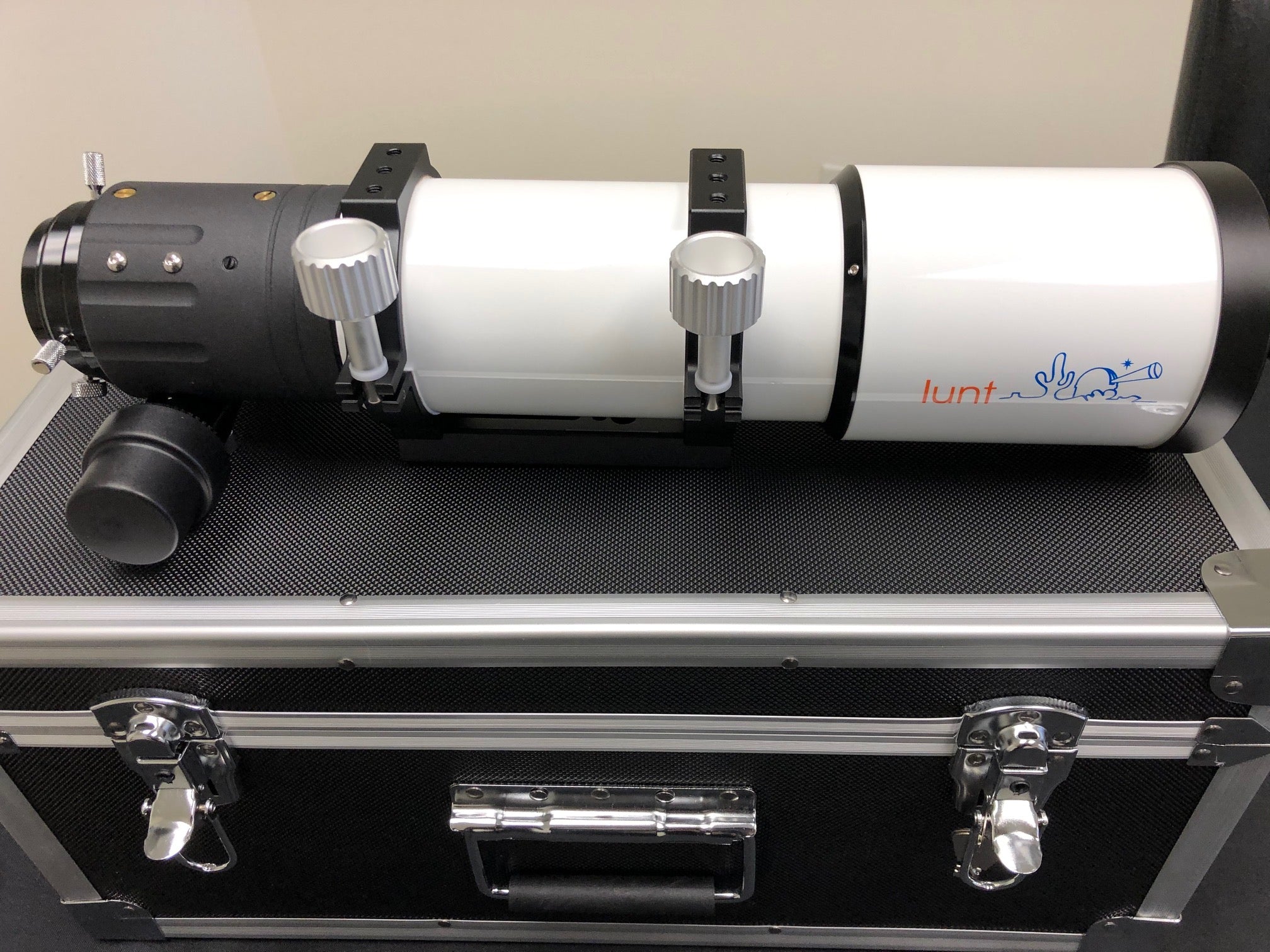 Lunt ED doublet optical tube assembly shown with 2 inch dual speed focuser and dovetail ring assembly