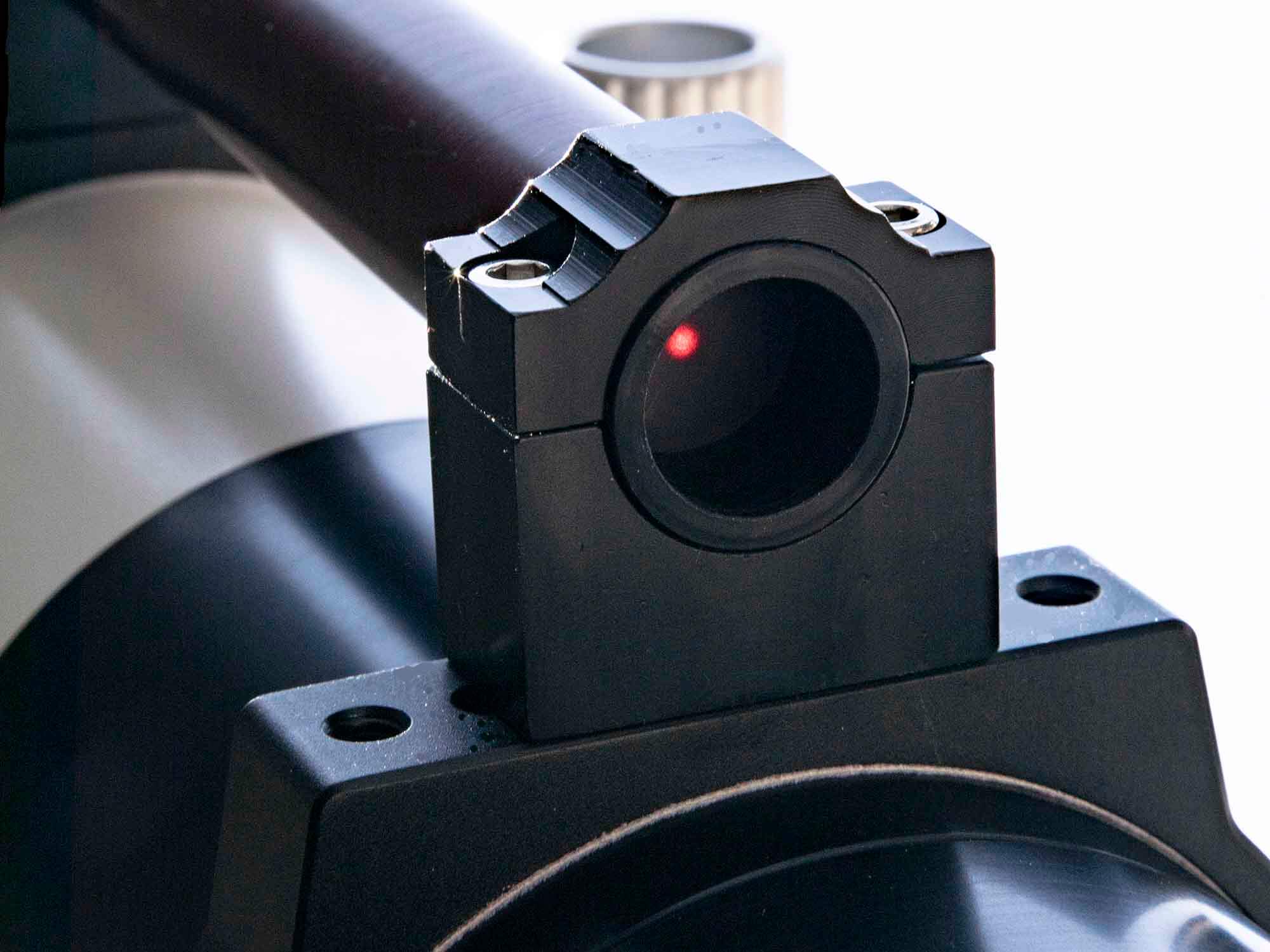 Close view of the red dot sun finder carry handle fitted to the Lunt LS100MT telescope tube