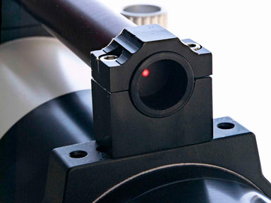 Close view of the red dot sun finder carry handle fitted to the Lunt LS100MT telescope tube