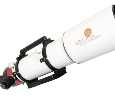 Rear view of the Lunt LS130MT showing the modular hydrogen alpha section and focuser