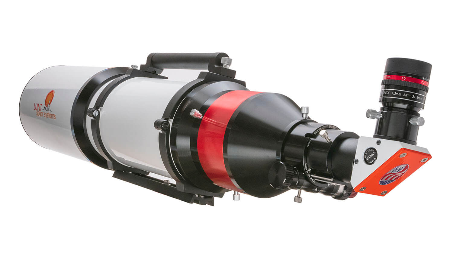 Rear of the Lunt LS152THa showing the pressure tuner, blocking filter and focuser assembly