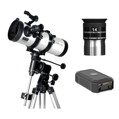 Explore Scientific 114mm Newtonian reflector telescope with equatorial mount, 62 Series eyepiece and USB power bank with red LED flashlight