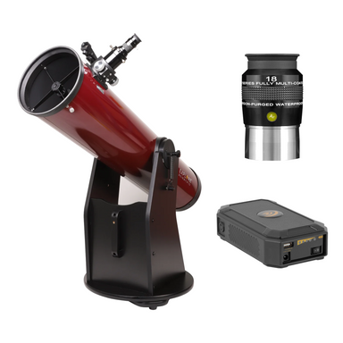 Explore Scientific 8-inch Dobsonian reflector telescope in red with 82 Series eyepiece and USB power bank with red LED flashlight