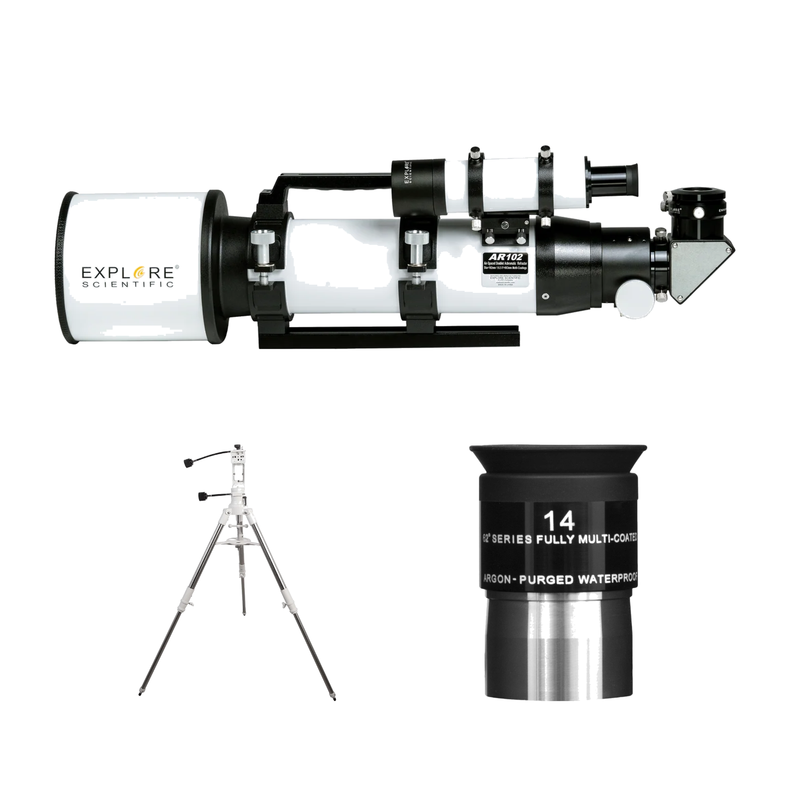 Explore Scientific AR102 refractor telescope with Twilight I alt-azimuth mount and tripod and 62 Series eyepiece
