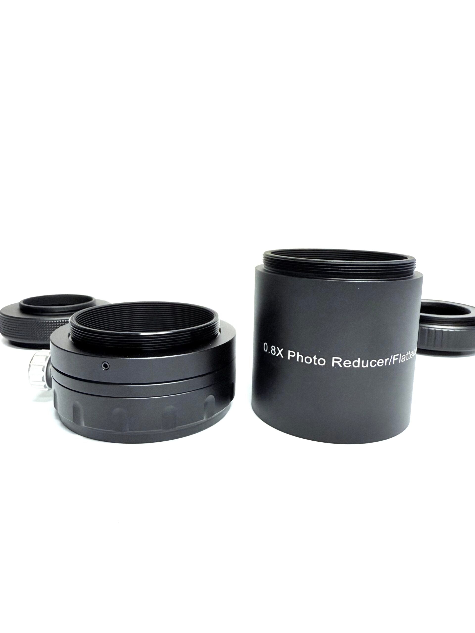 Lunt 0.8x reducer and field flattener grouped with its adapter components