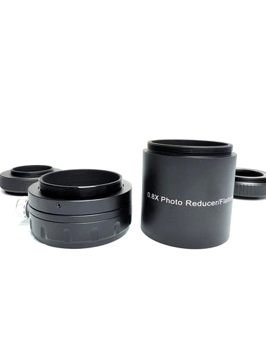 Lunt 0.8x reducer and field flattener grouped with its adapter components