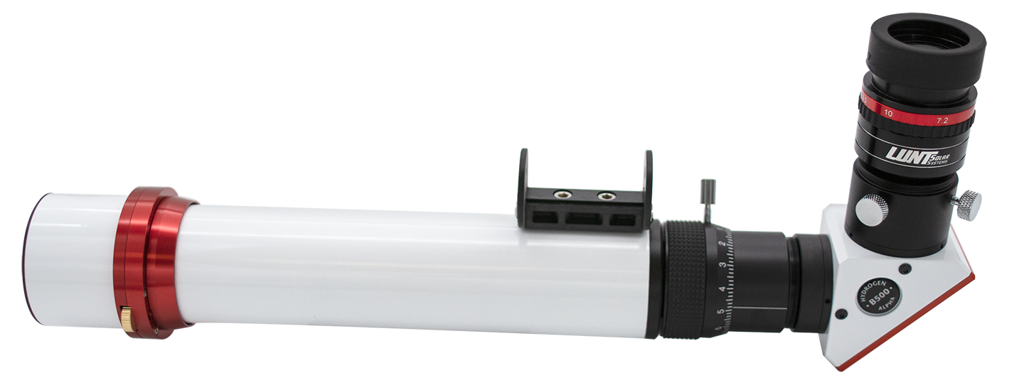 Rear view of the Lunt LS40THa showing the blocking filter diagonal and helical focuser