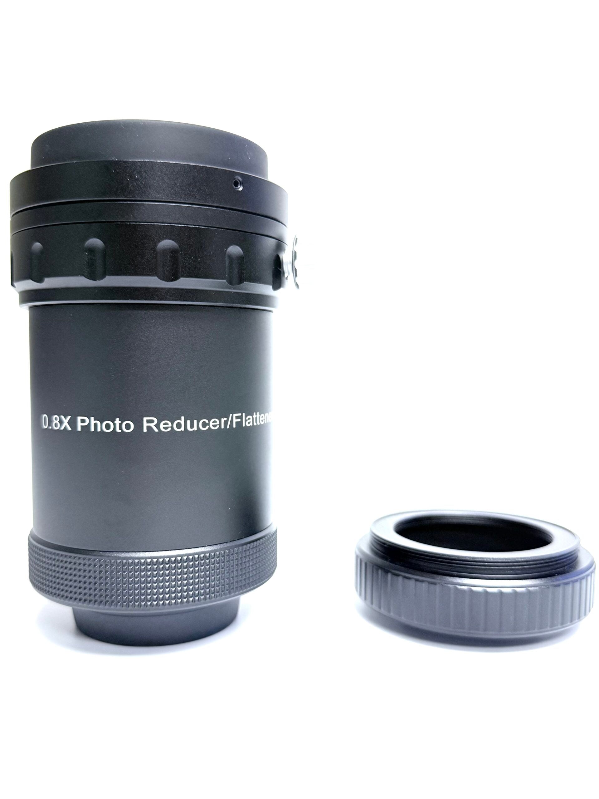 Lunt 0.8x reducer and field flattener shown as a short black anodized barrel