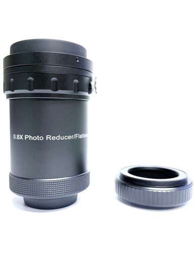 Lunt 0.8x reducer and field flattener shown as a short black anodized barrel