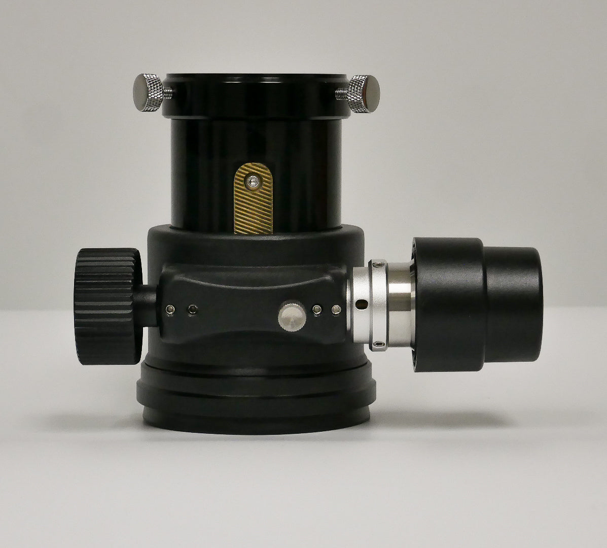 Lunt rack and pinion telescope focuser with black anodized body and dual focus knobs